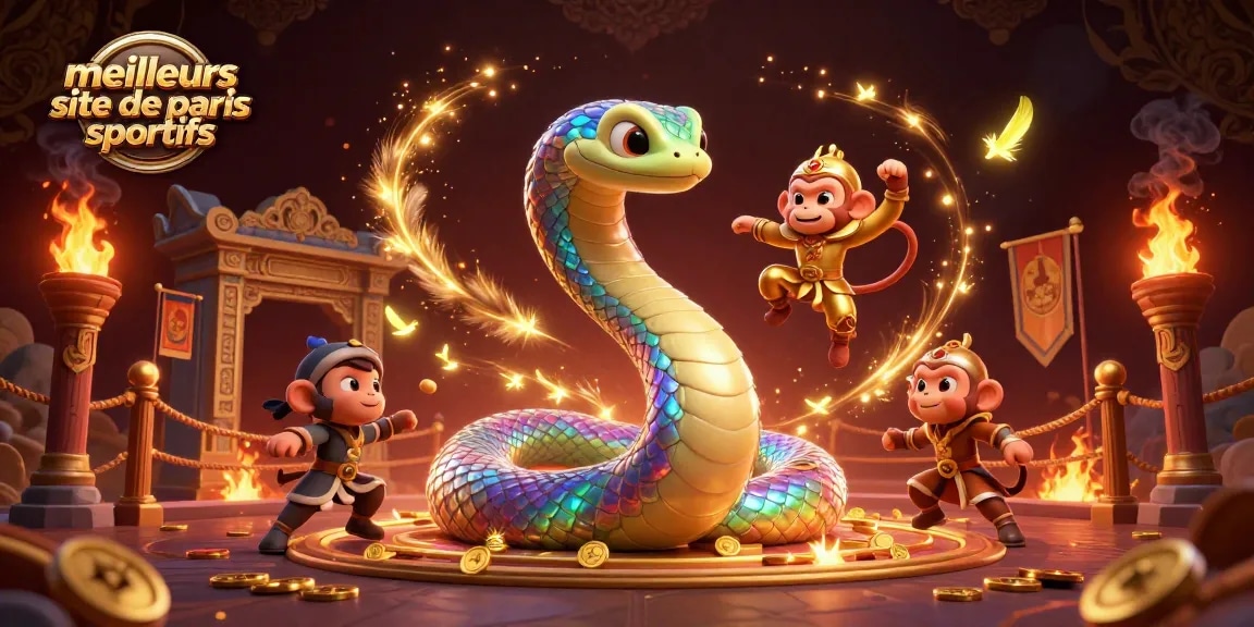 Les meilleurs sites de paris sportifs présentent un serpent arc-en-ciel et un roi singe animés dans une illustration captivante.
