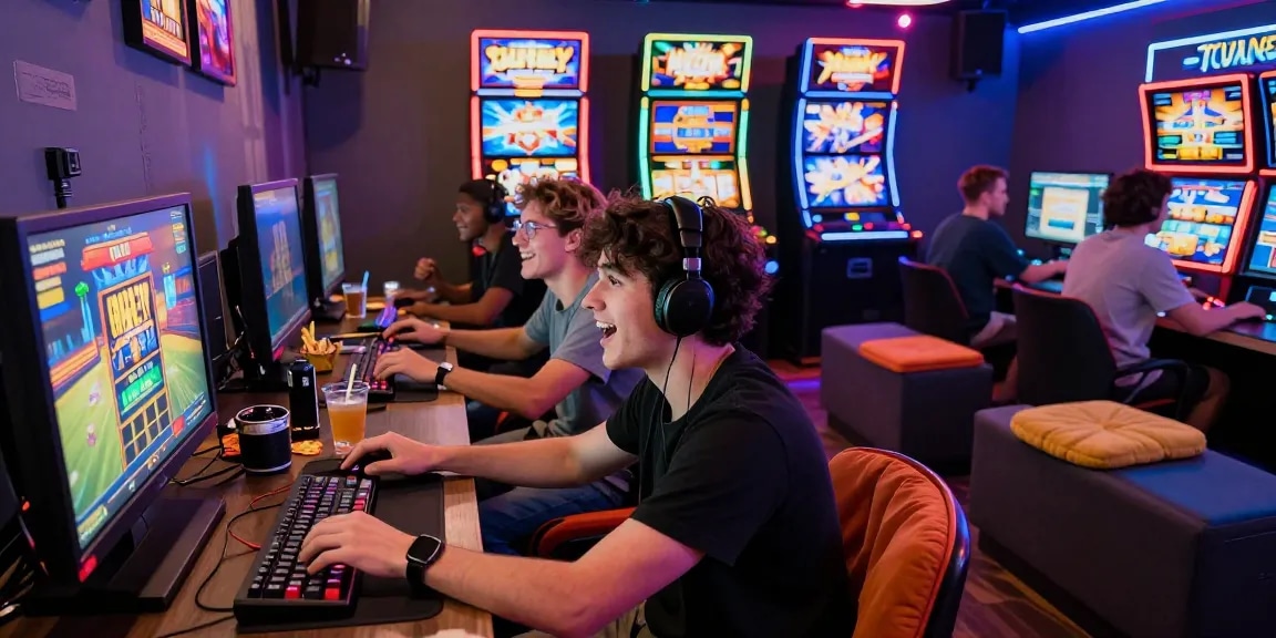 rokok88 login: Group enjoying slot games in a vibrant gaming lounge.