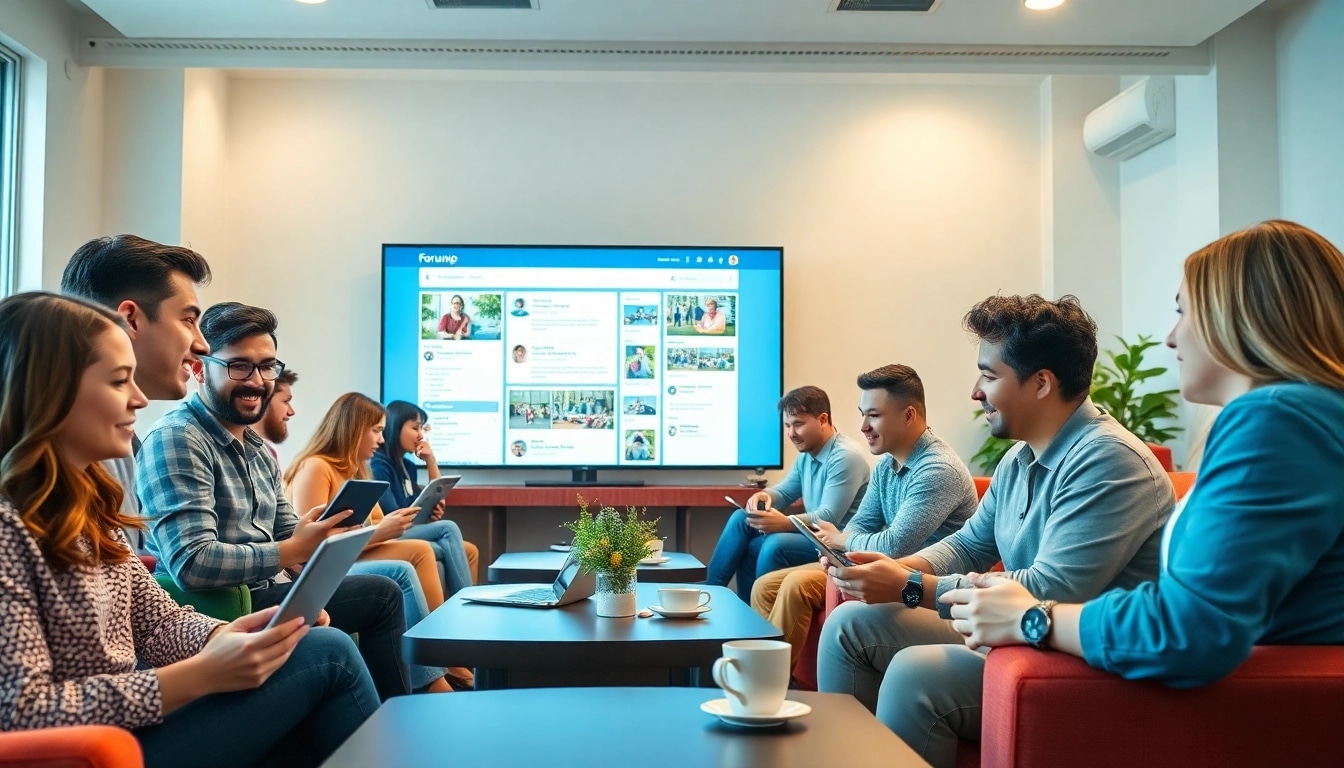 A dynamic gathering at https://forumup.org/ showcasing diverse individuals engaging in online discussions, illuminated by soft natural light.