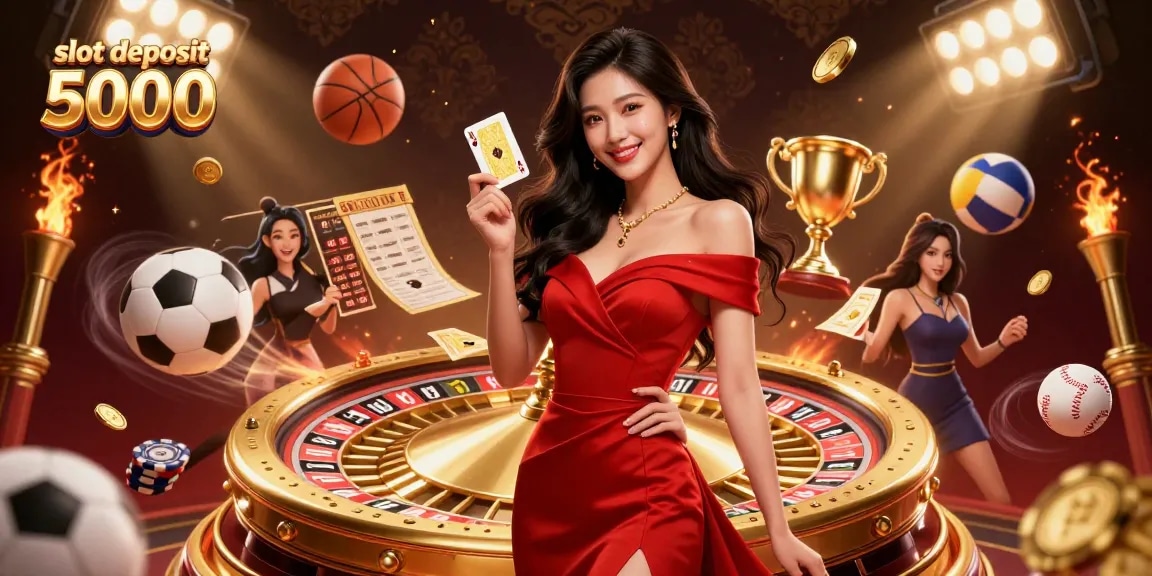 Engage with thrilling games at slot deposit 5000, featuring vibrant gaming scenes with dynamic elements and a confident dealer.