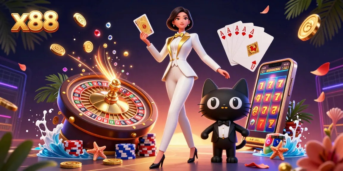 x88 offers an exciting online gaming experience, with a glamorous character shuffling cards amid a flurry of coins.