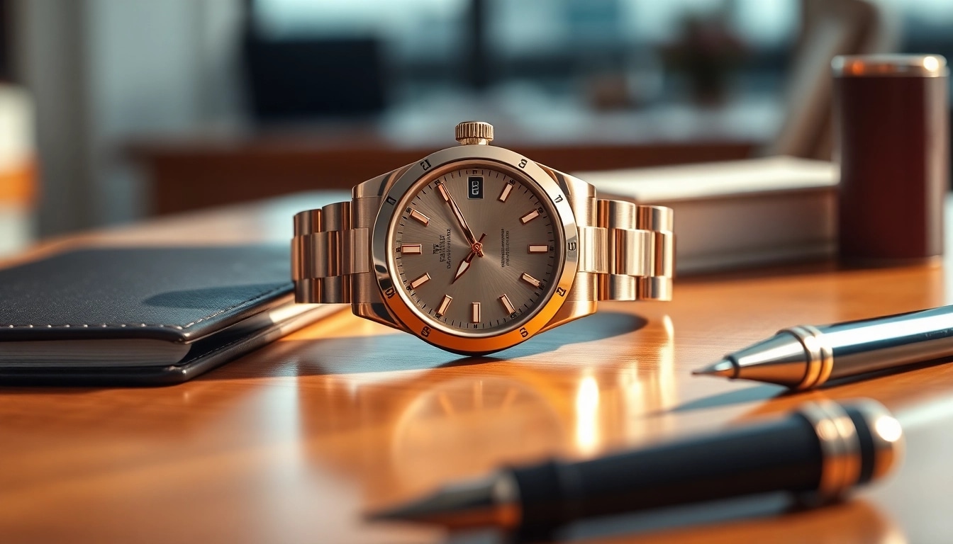 Showcasing a quality rolex replica in luxury office setting, highlighting its craftsmanship and elegance.