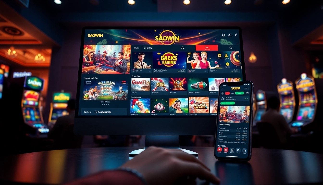 Giao diện nền tảng SAOWIN hiển thị các trò chơi casino trực tuyến và cá cược trực tiếp.