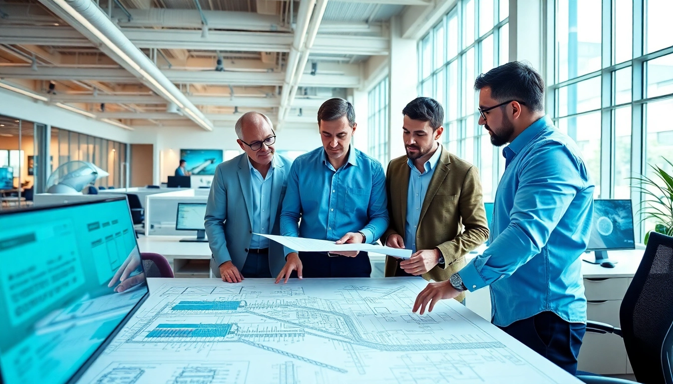 Railroad Design Consultants review project plans in a modern office setting.