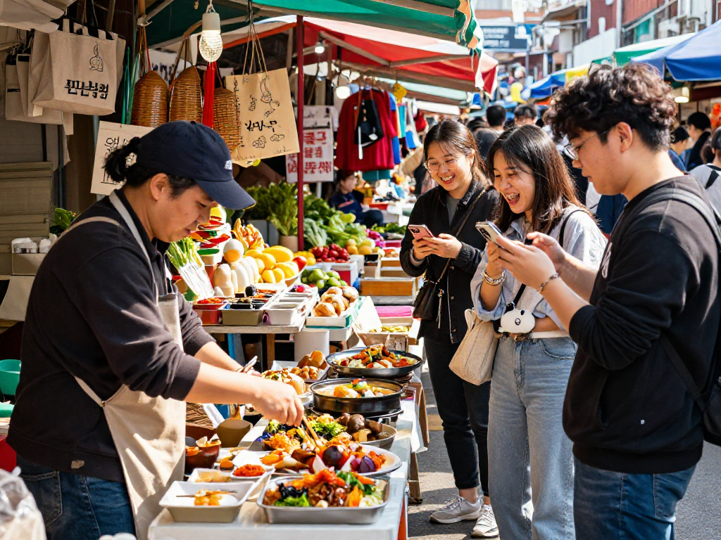 강남 달토, 활기찬 시장에서 친구들과 함께 음식을 즐기는 모습