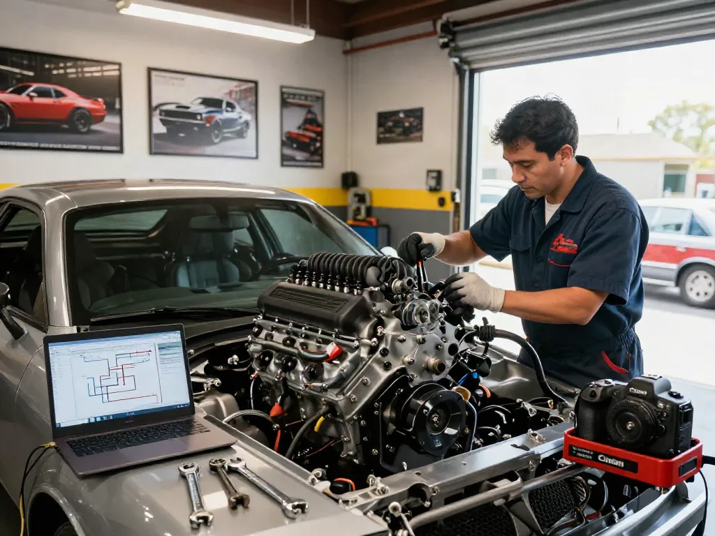 Hellcat motor for sale being inspected by a technician in a vibrant garage