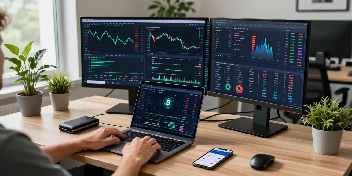 Exploring the best cloud mining options within a high-tech cryptocurrency trading desk setup, featuring multiple screens and innovative digital tools.