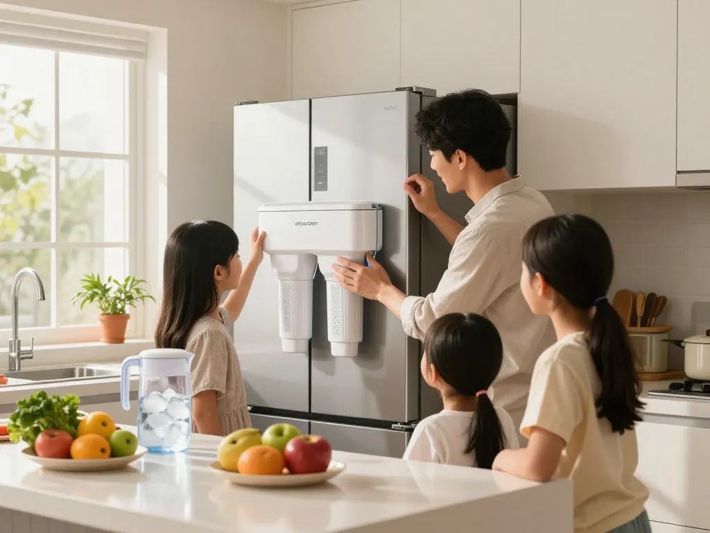AQUA CREST DA29-00003G Refrigerator Water Filter being installed in a family kitchen, highlighting a focus on clean, healthy drinking water.