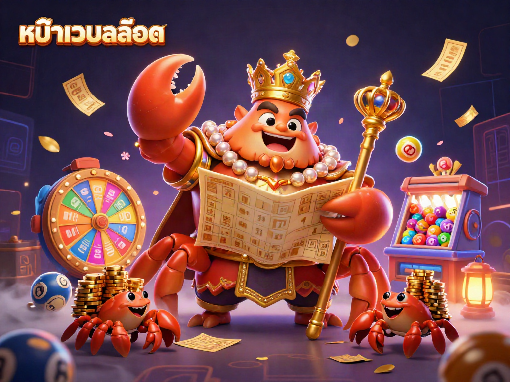 Engage with thrilling หน้าเว็บสล็อต, featuring a 3D cartoon golden crab emperor amidst a vibrant casino scene.