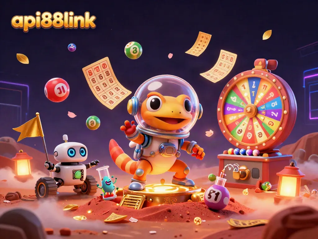 Experience the excitement of api88link with a Martian gecko celebrating casino wins amid dynamic gaming elements.