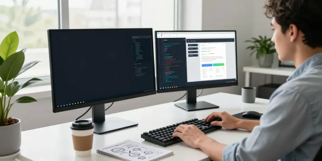 Instant indexing setup in a modern office with a developer coding and analyzing data.