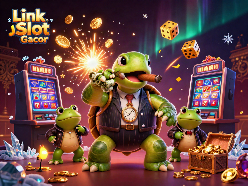 Pemain judi terpesona oleh Link Slot Gacor, menampilkan suasana kasino yang cerah dengan kura-kura snapping dan katak bullfrog.