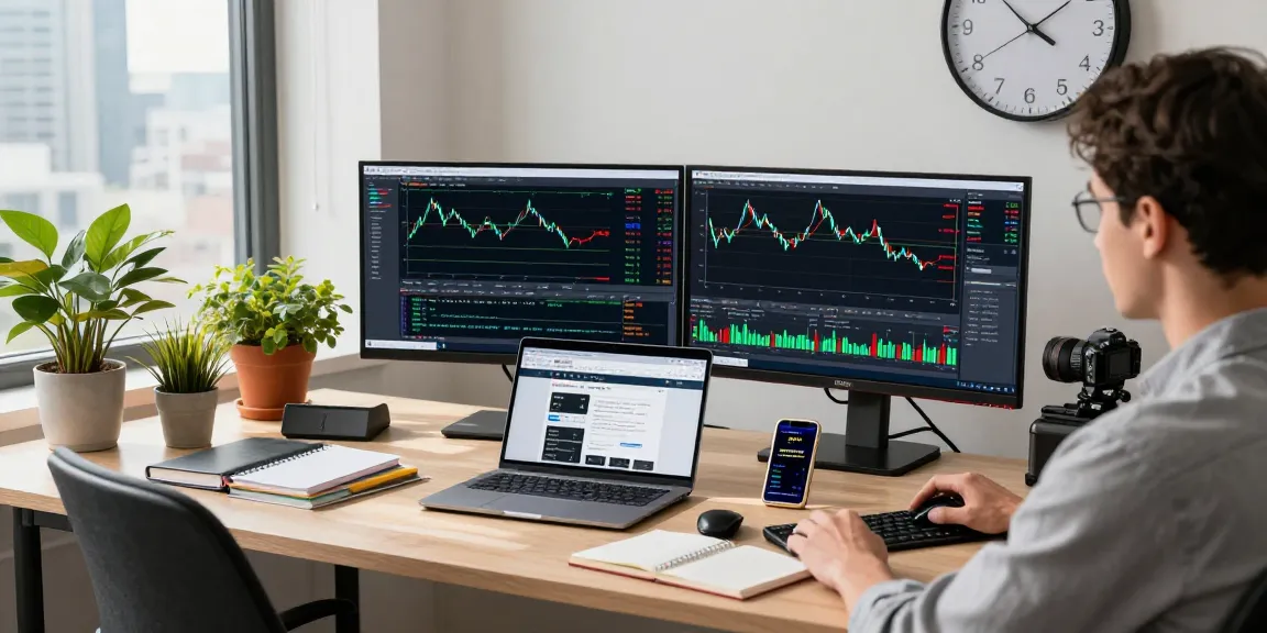 Trader analyzing mt4 forex charts on multiple monitors in a modern workspace.