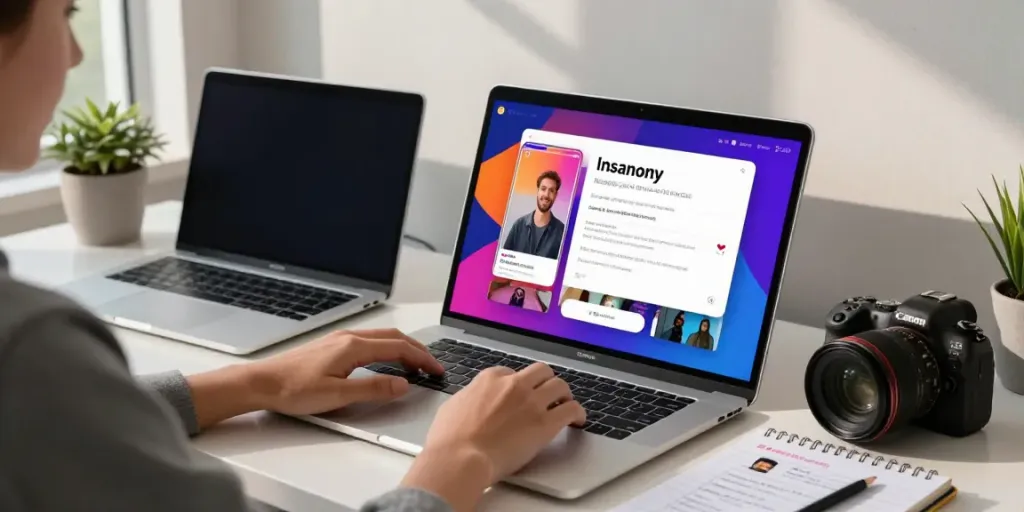Explore the Insanony platform for anonymous Instagram story viewing on a modern workspace.