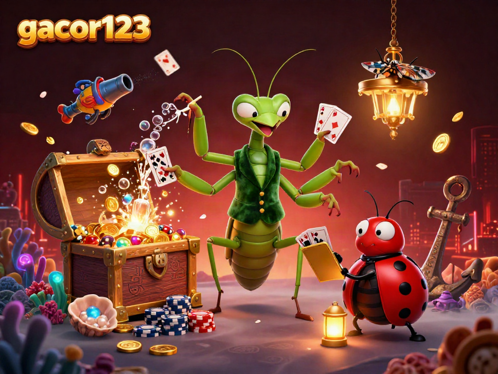 Celebrate big wins at gacor123 with a lively casino scene featuring a unique praying mantis card dealer!