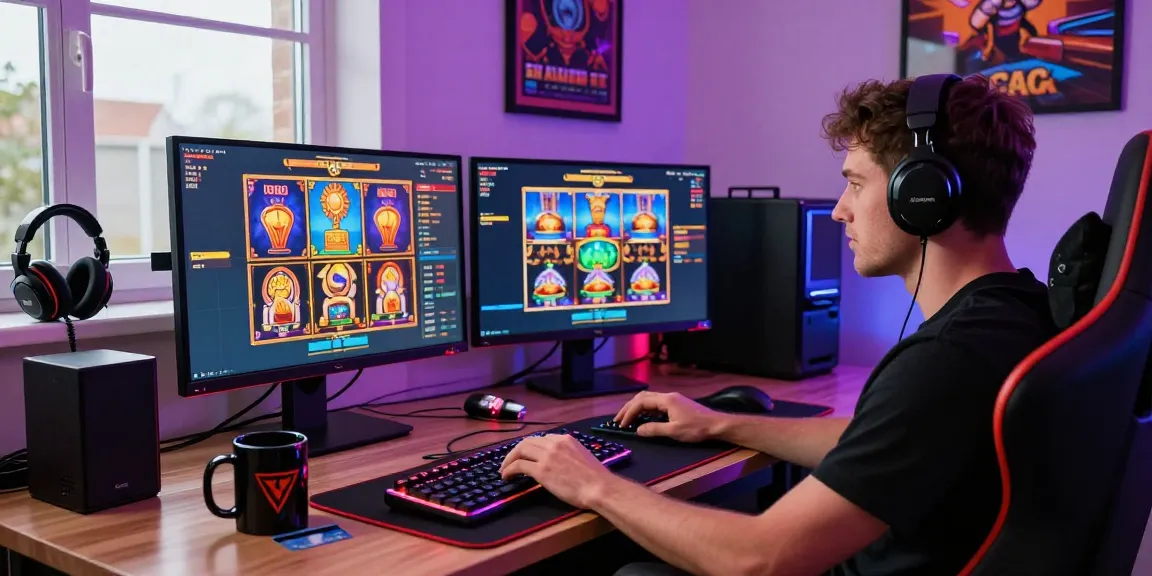 Exciting online gaming setup showcasing uk credit card casinos with vibrant slots on multiple screens.