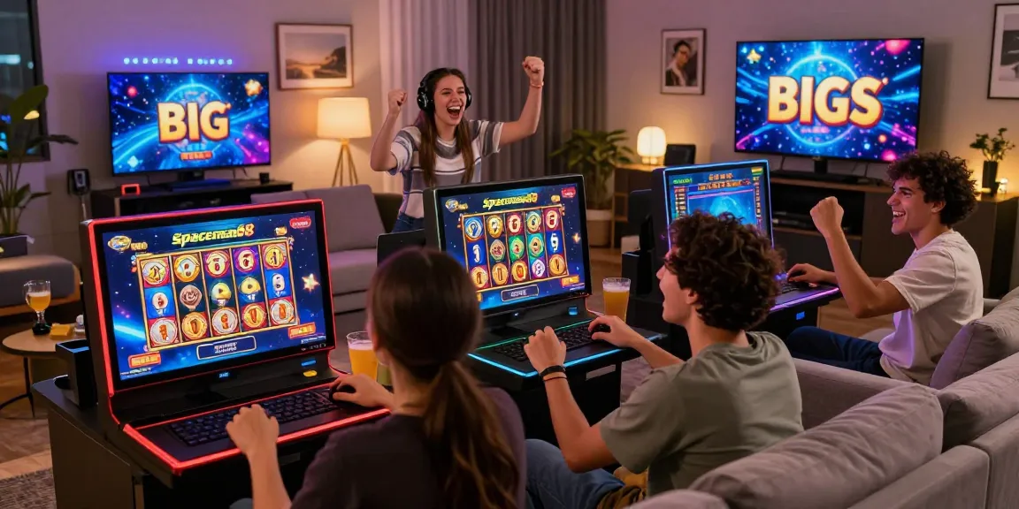 Diverse players enjoying Spaceman88 slot game in a vibrant living room, celebrating big wins with modern devices.