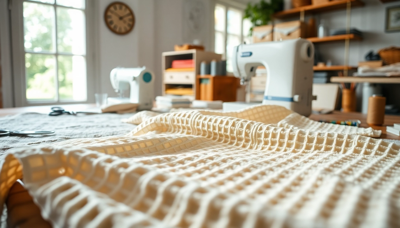 Wafel katoenen stof met unieke texturen op een naaitafel.