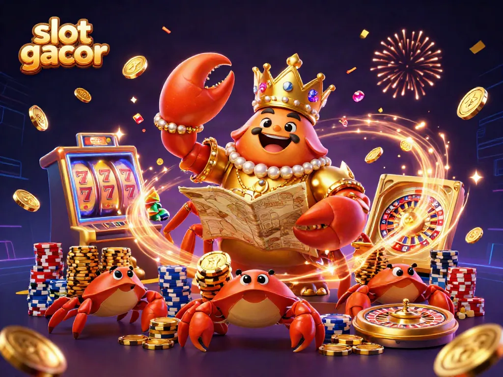 Engage with the vibrant world of slot gacor featuring a golden crab emperor amidst cascading coins and roulette wheels.
