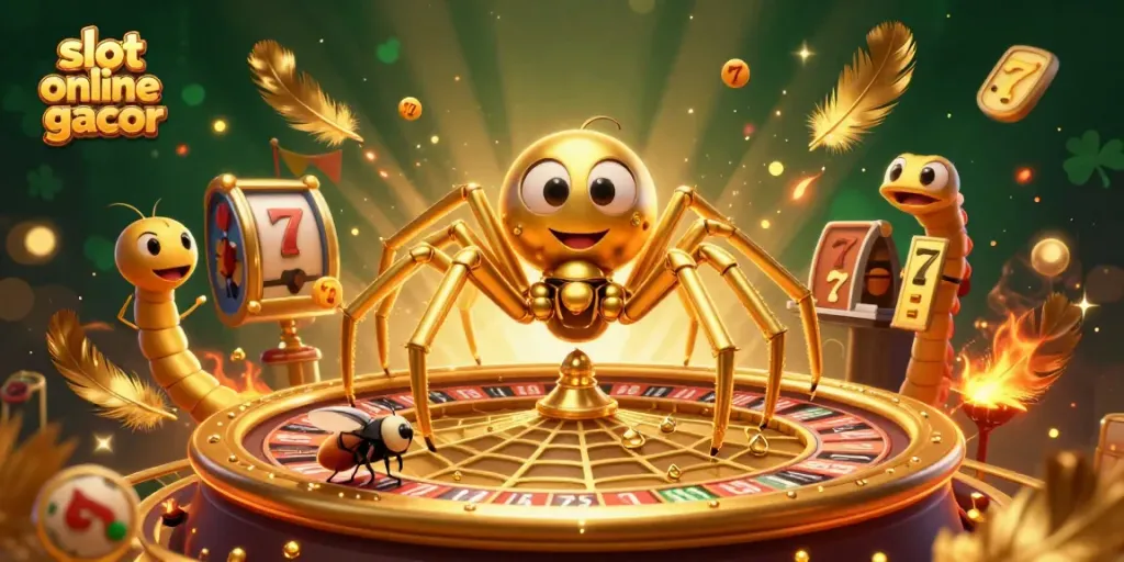 Engage in slot online gacor action with golden web-themed gambling scene featuring vibrant casino elements.