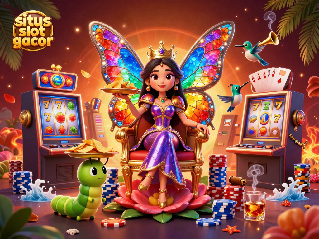 Experience the magic of situs slot gacor with a dazzling butterfly queen amidst captivating slot machines.