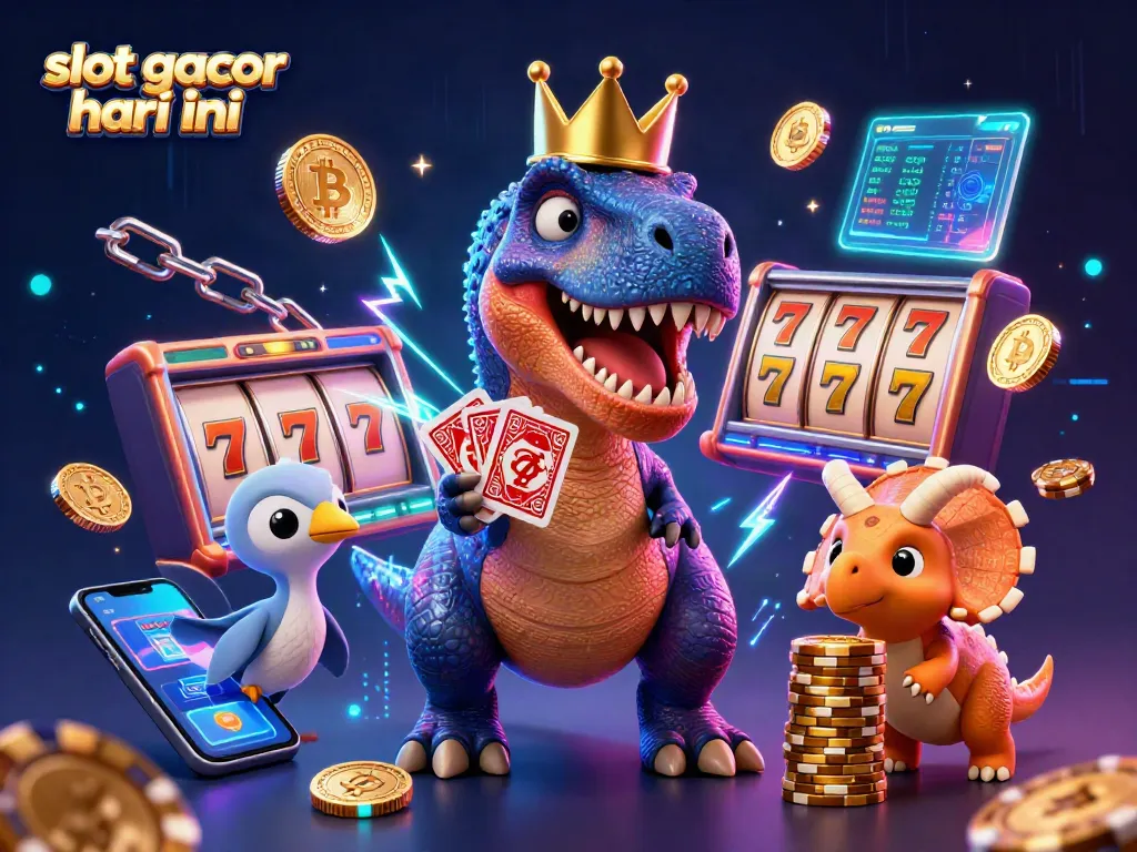 Enjoy the excitement of slot gacor hari ini with a vibrant 3D casino illustration featuring playful dinosaur characters.
