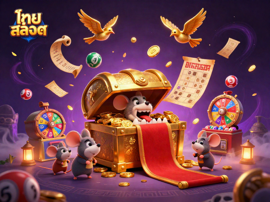 Engage with ไทย สล็อต in a vibrant 3D adventure, showcasing colorful lottery elements and gold treasures.