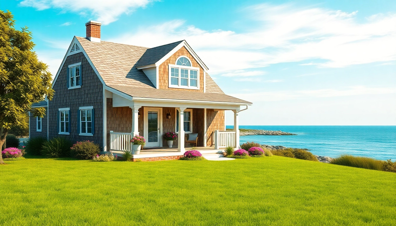 A beautifully designed cape cod home nestled by the coast, featuring elegant architecture and vibrant landscaping.