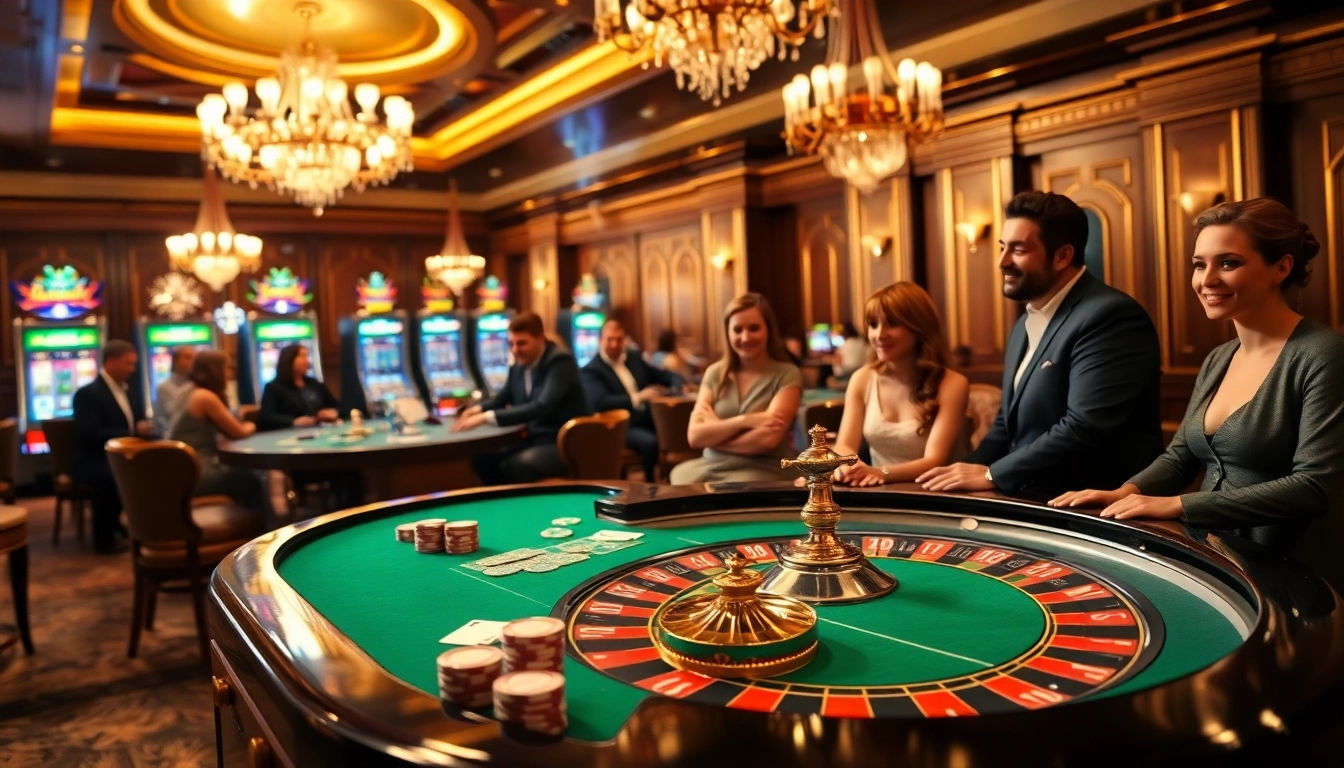 Des joueurs profitent d'une nuit d'excitation sur un site de casino en ligne, entourés d'éléments de jeu luxueux.
