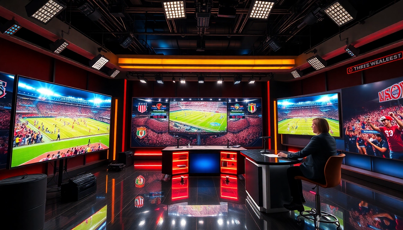 Engaging sports broadcasting studio showcasing live sports events and a dynamic anchor.