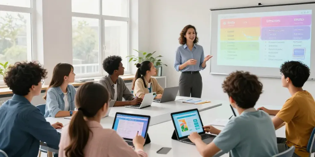 Students learning English in a modern classroom, utilizing interactive resources, showcasing Situs toto education.