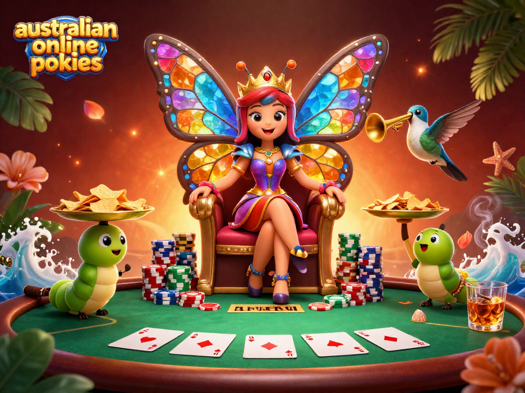 Play colourful australian online pokies amidst dazzling casino elements in a vibrant 3D illustration.