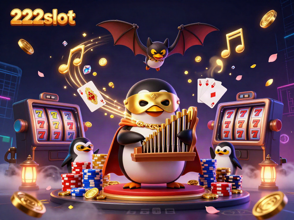 Menggairahkan 222slot dengan penguin phantoms yang bermain organ dan menghasilkan koin emas di tengah tumpukan chip poker dan mesin slot.