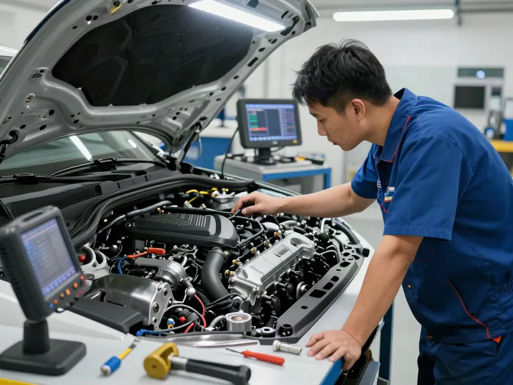 BMW Steuerkette Hannover: Mechaniker inspiziert Motor und Steuerkette professionell in einer Werkstatt.