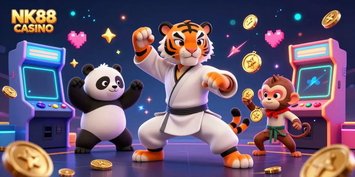 Immerse in the vibrant world of NK88 CASINO with a dynamic scene featuring a kung fu tiger and playful characters amidst arcade games.