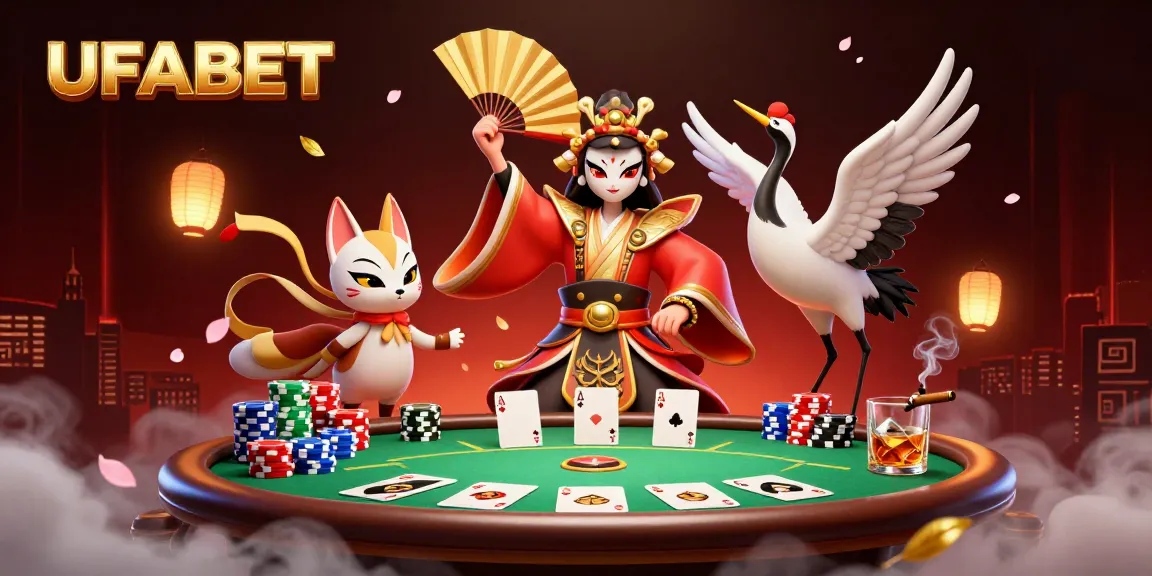 Experience the thrill of UFABET gaming with a vibrant 3D scene showcasing poker action and unique characters.