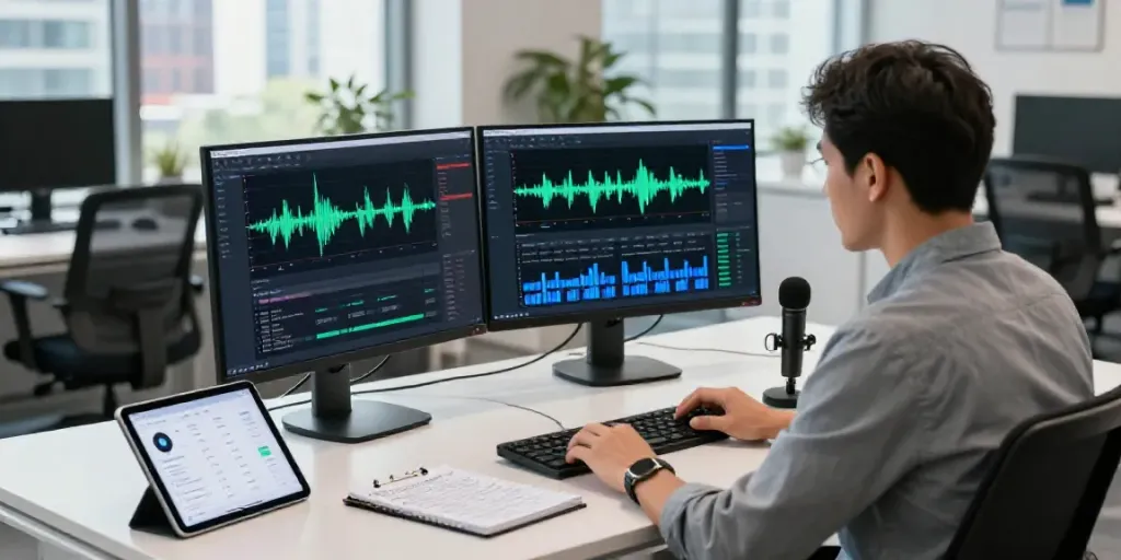 AI audio to text converter pricing analysis in a modern tech workspace.