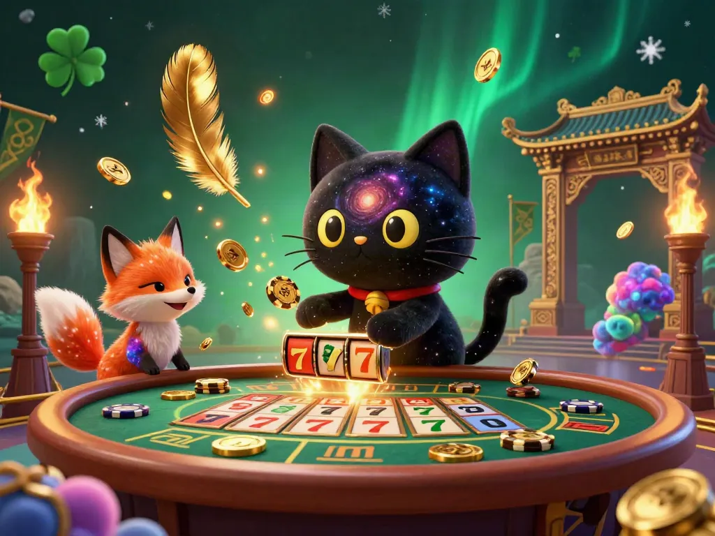 Engage with thrilling slots at a cosmic casino with a cartoon cat and fox, vivid colors, and dynamic action.
