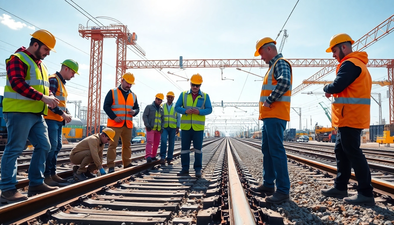 Universal rail workers engaged in construction and maintenance, showcasing teamwork and professionalism.
