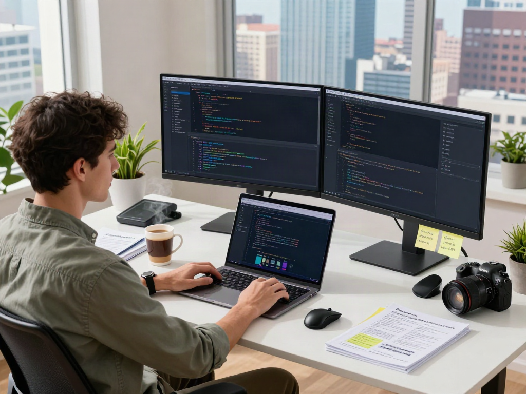 Brave software engineer at a dynamic workspace coding on dual monitors.