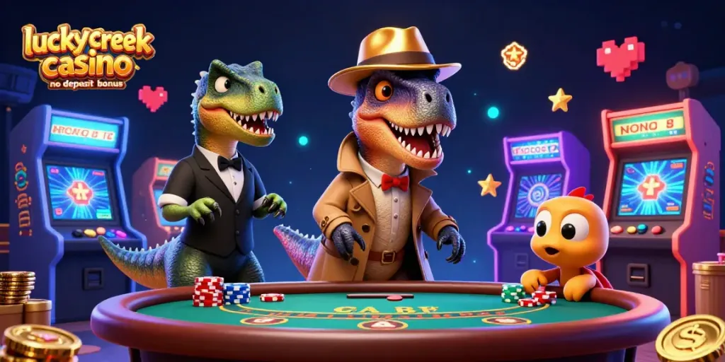 Experience the excitement of lucky creek casino no deposit bonus with our thrilling 3D cartoon illustration.
