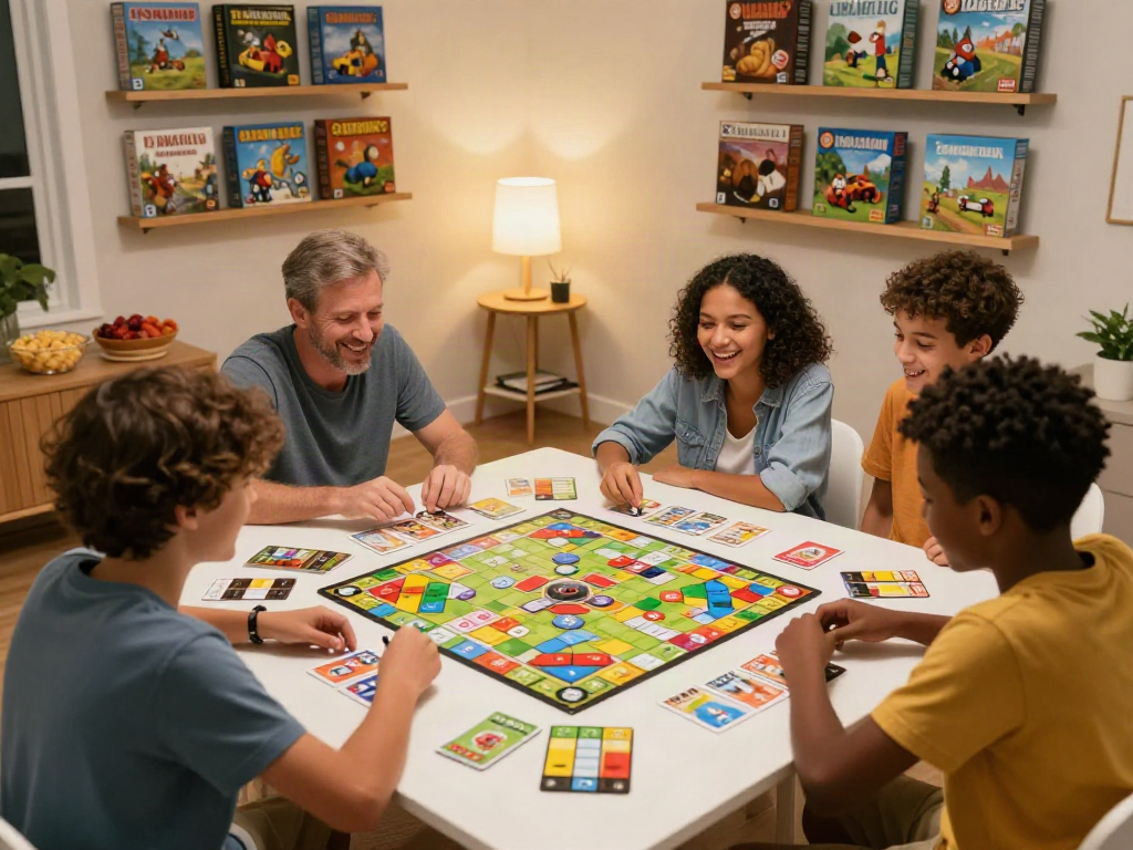 Family enjoying a lively game night, featuring Cialis board games and interactive activities.