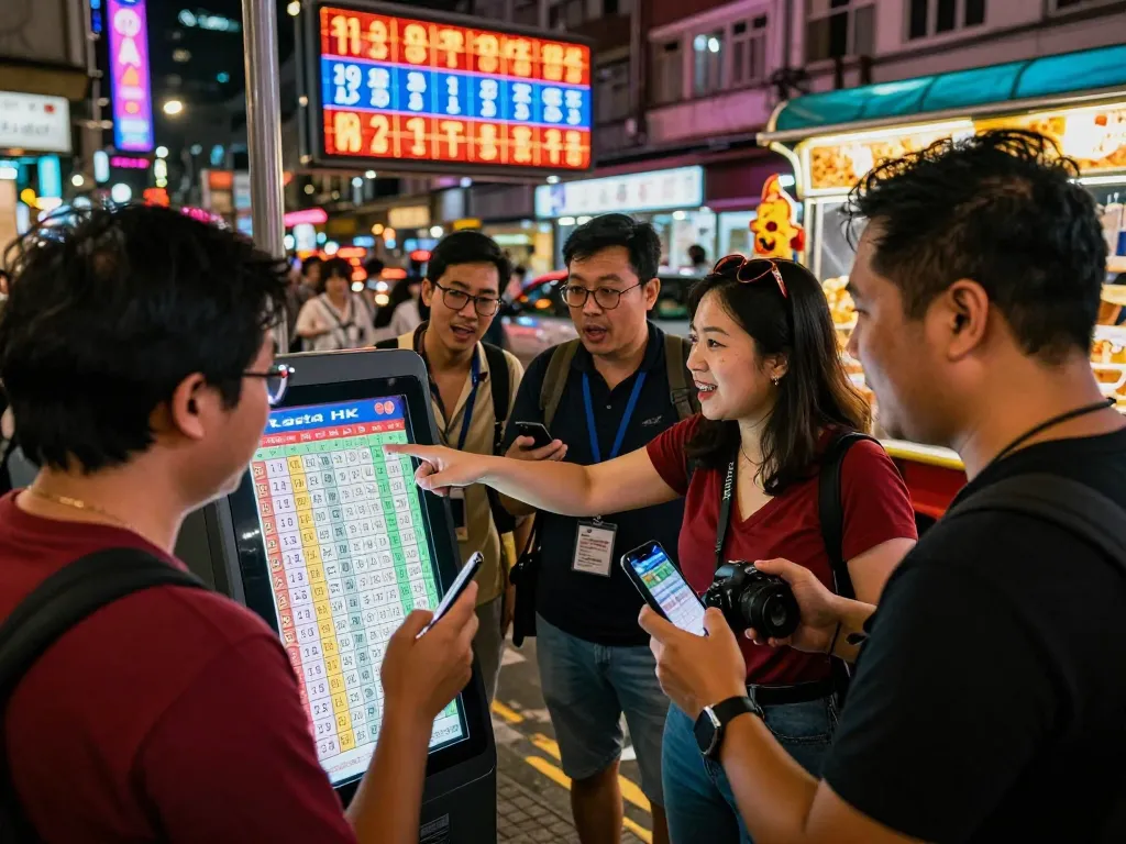 Excited players viewing Data HK lottery results on a digital display in a vibrant urban setting.