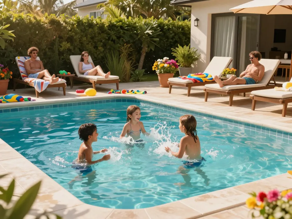 Dolphin Pool Services family enjoying quality time by the pool with vibrant summer colors.