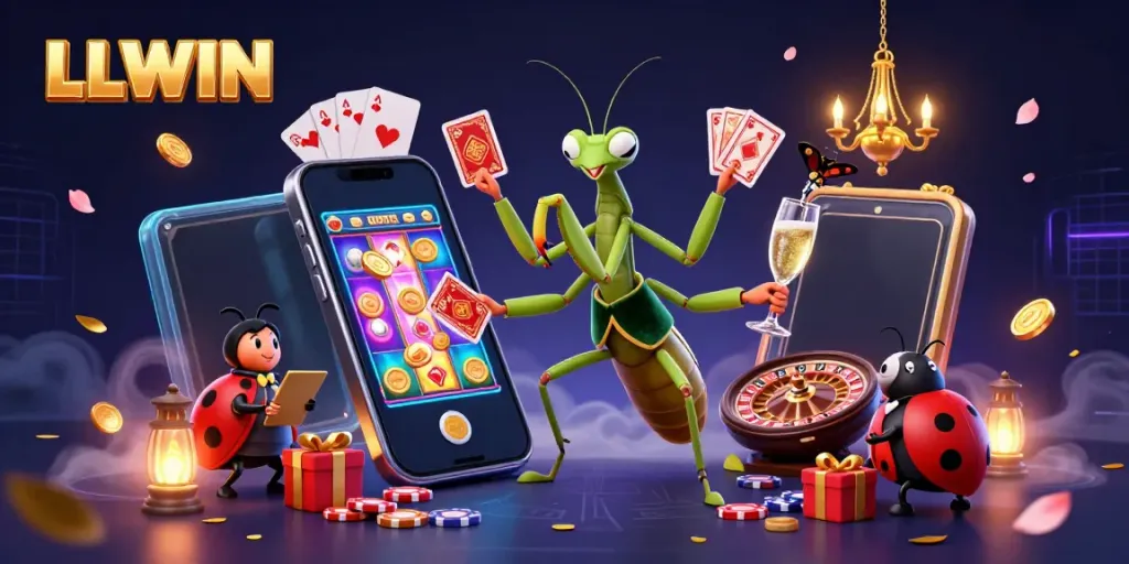 LLWIN showcases a vibrant online casino scene with a giant card sharp, charming pit boss, and dynamic game elements.