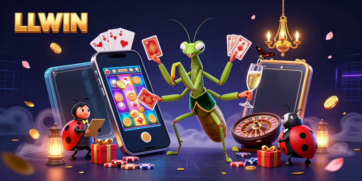 LLWIN showcases a vibrant online casino scene with a giant card sharp, charming pit boss, and dynamic game elements.