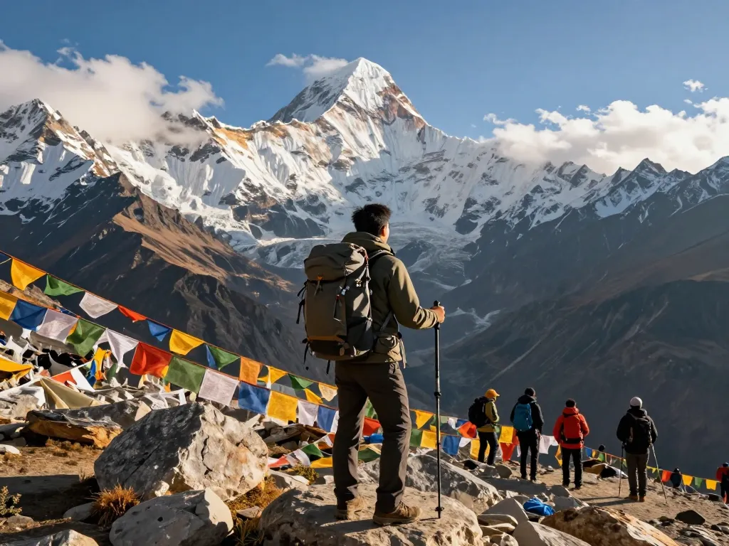 Annapurna Circuit Trek at Thorong La Pass with stunning mountain views and trekking gear.