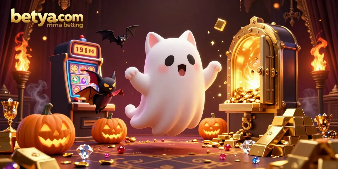 Join the action in betya.com mma betting with our vibrant 3D scene of a ghost cat and vampire bat amid treasures.