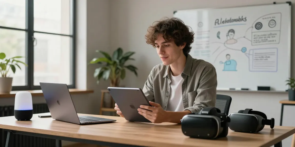 Engaging in sex AI chat in a modern tech workspace with intuitive digital tools creating an inviting atmosphere.