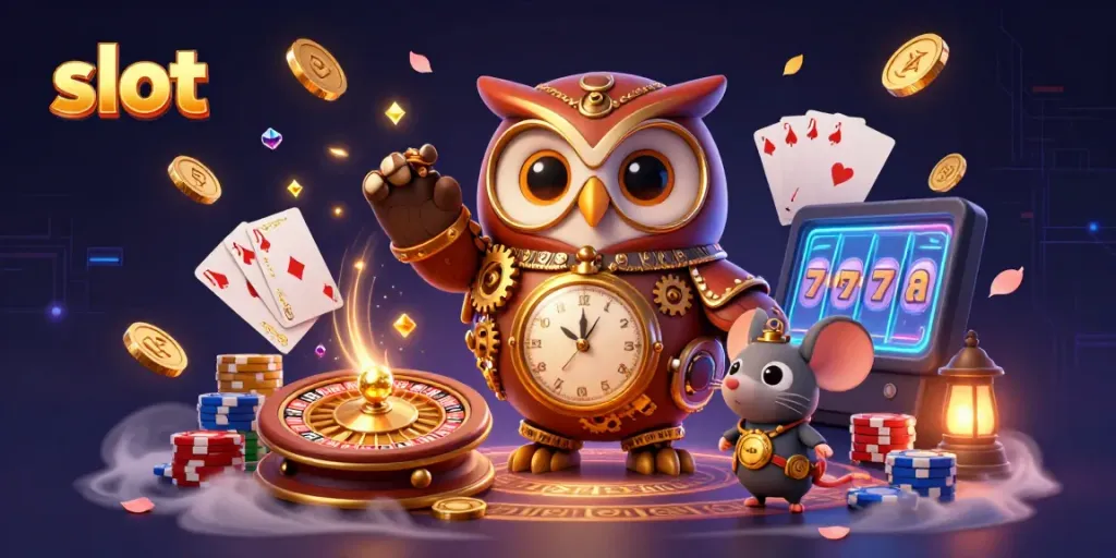 Permainan slot gacor dengan karakter burung hantu dan tikus di latar belakang kasino Victorian yang futuristik.